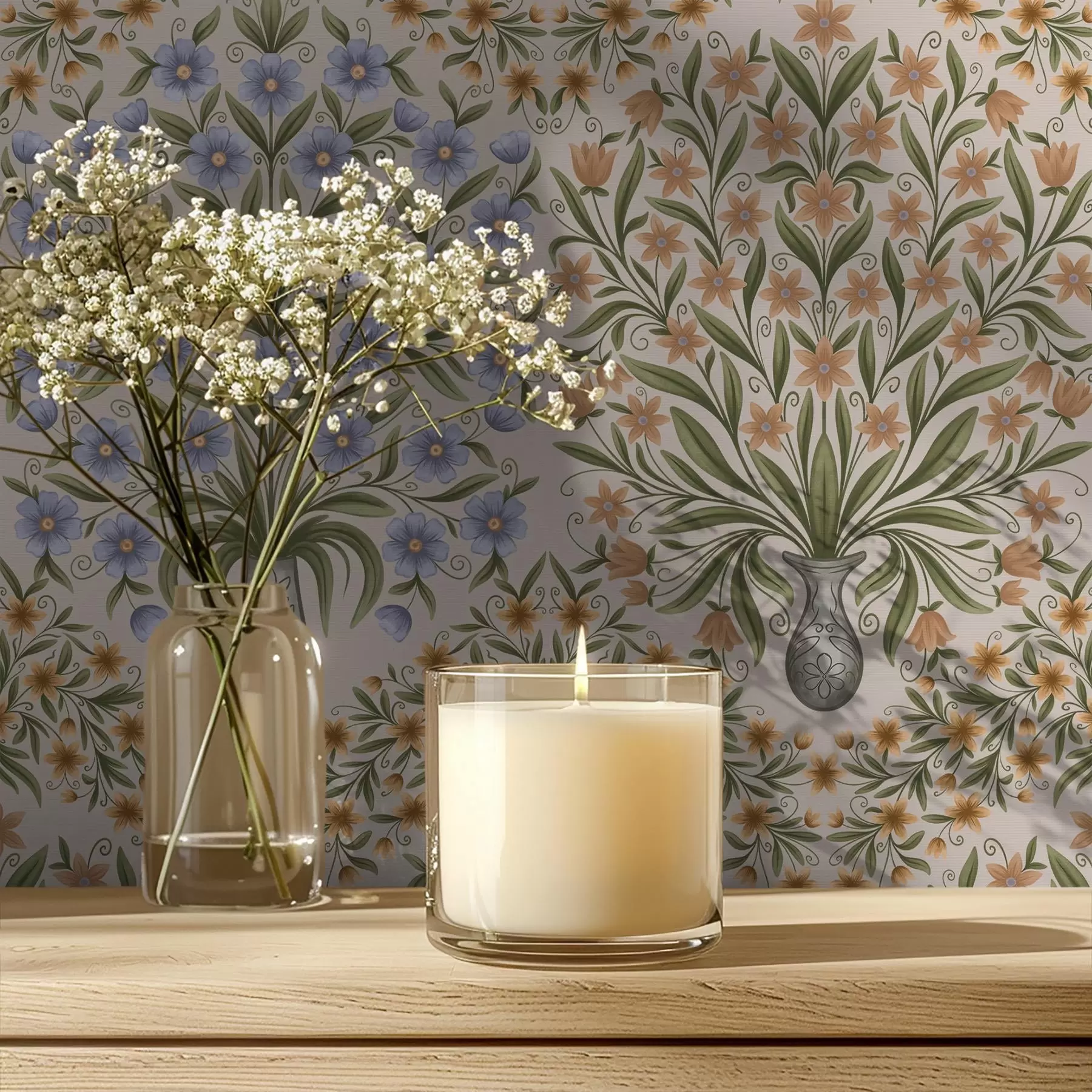 murais de parede Vasos alternados e flores azuis em tom salva sobre rosa claro a00901