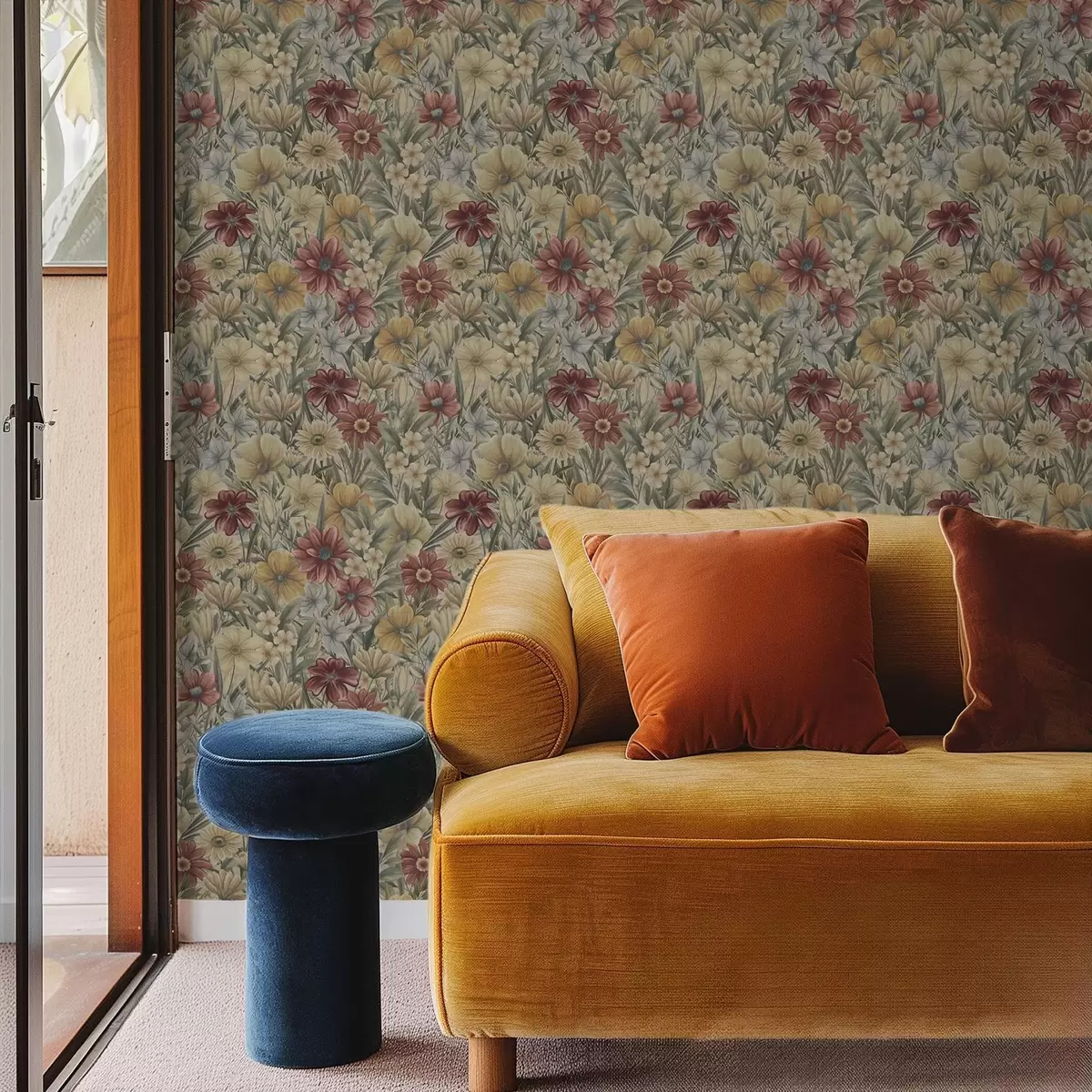 Papel de parede Campo vintage florido em tons quentes de amarelo, vermelho e salva a00906