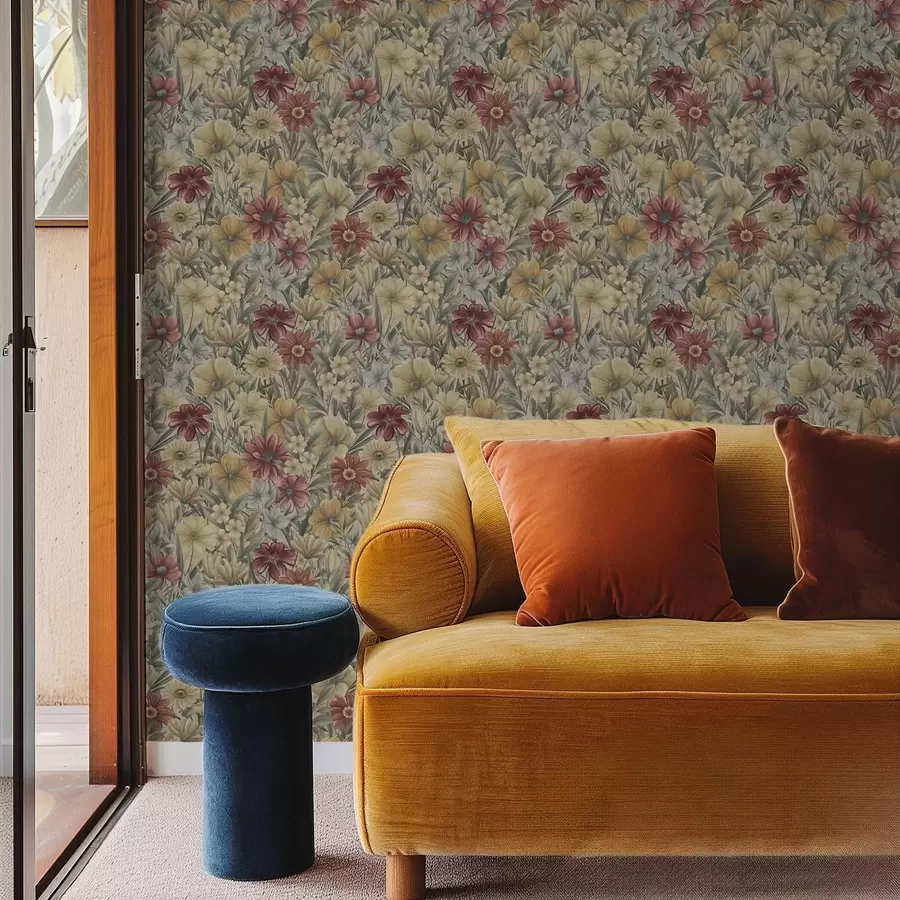 murais de parede Campo vintage florido em tons quentes de amarelo, vermelho e salva a00906