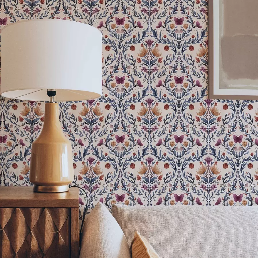 murais de parede Damasco floral com borboletas sobre fundo pêssego suave a00926