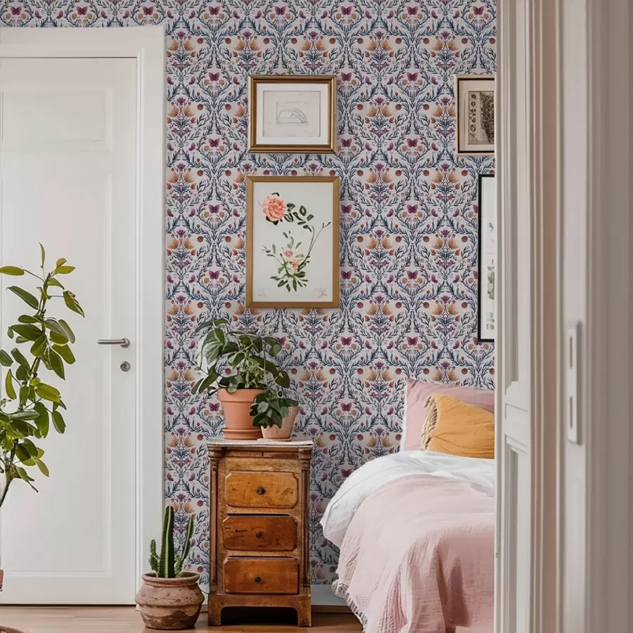 murais de parede Damasco floral com borboletas em azul marinho e terracota sobre fundo branco a00926v1