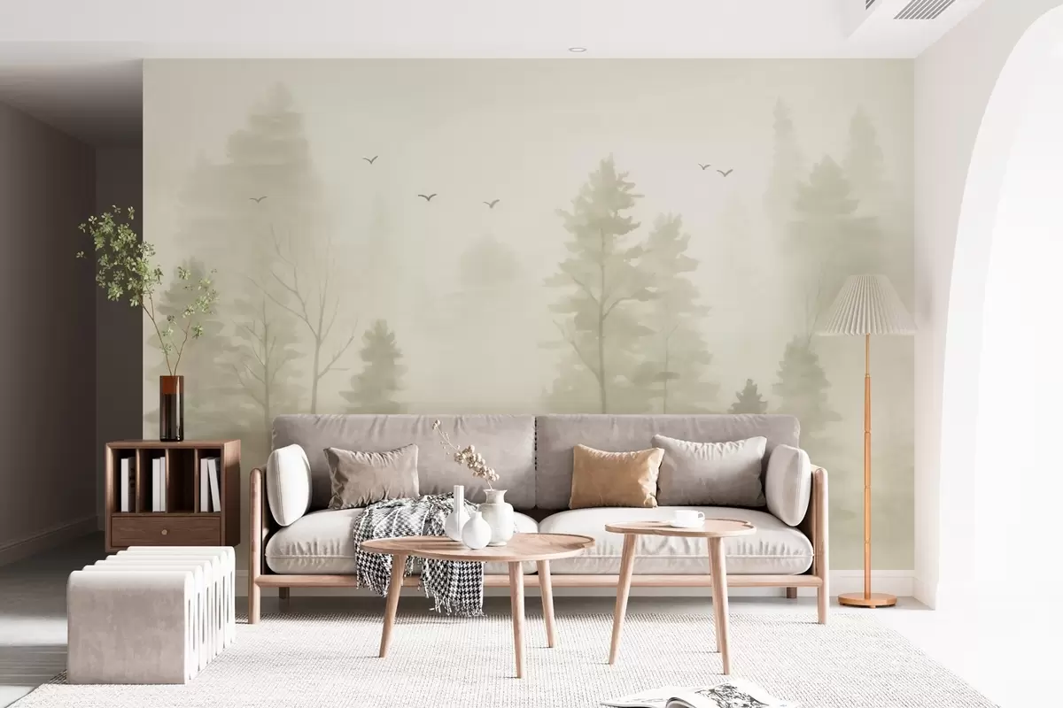 murais de parede floresta aérea em estilo aquarela em tons de bege w04872