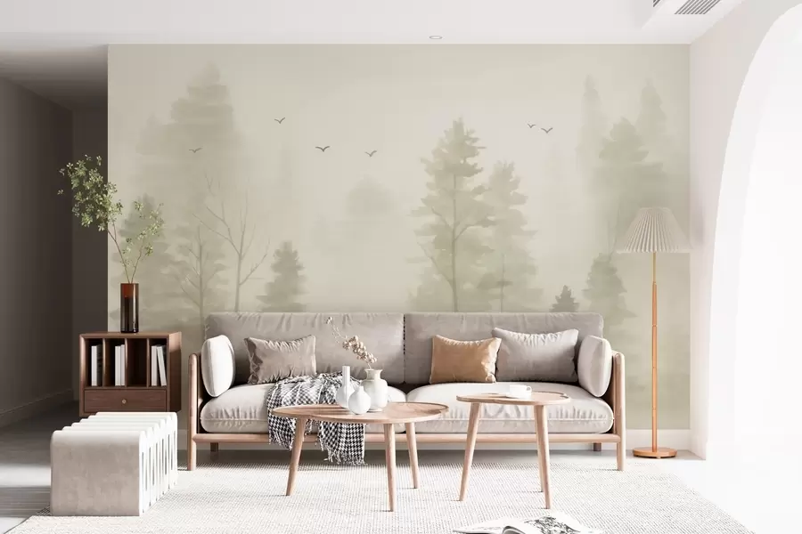 murais de parede floresta aérea em estilo aquarela em tons de bege w04872