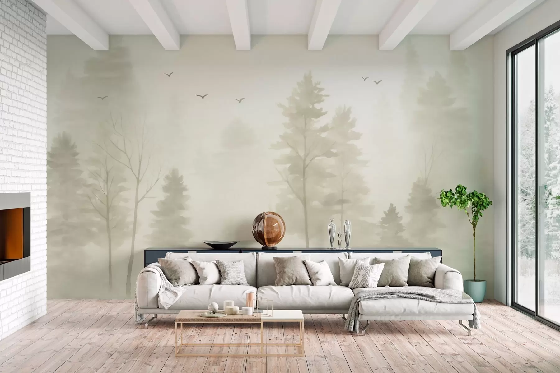 murais de parede floresta aérea em estilo aquarela em tons de bege w04872