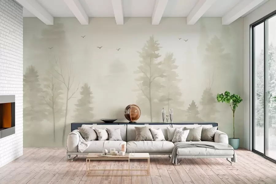 murais de parede floresta aérea em estilo aquarela em tons de bege w04872