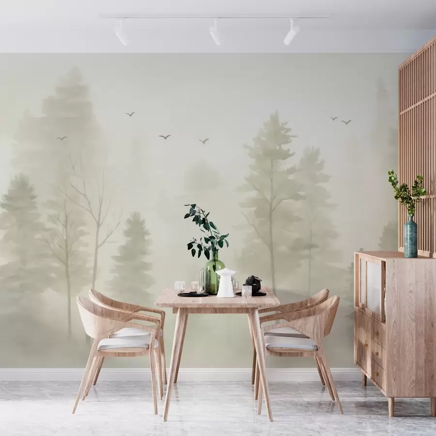 murais de parede floresta aérea em estilo aquarela em tons de bege w04872