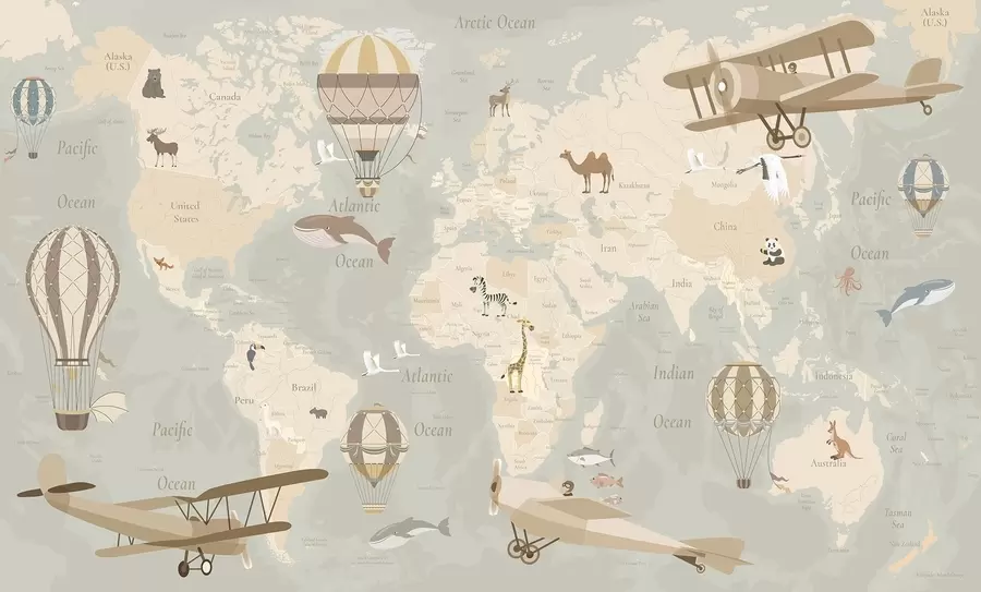 murais de parede Mapa-múndi para crianças com animais, aviões e balões de ar quente. Em inglês. Cor bege. c00003en