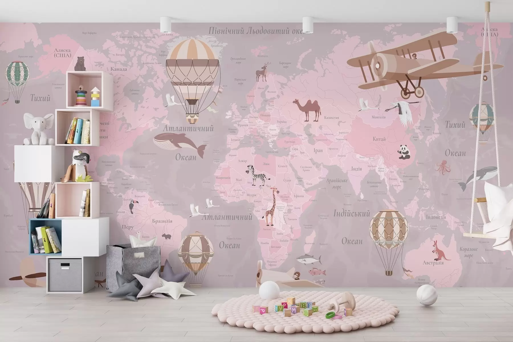 murais de parede Mapa-múndi para crianças com animais, aviões e balões de ar quente. Idioma ucraniano. Cor rosa. c00003ukv3