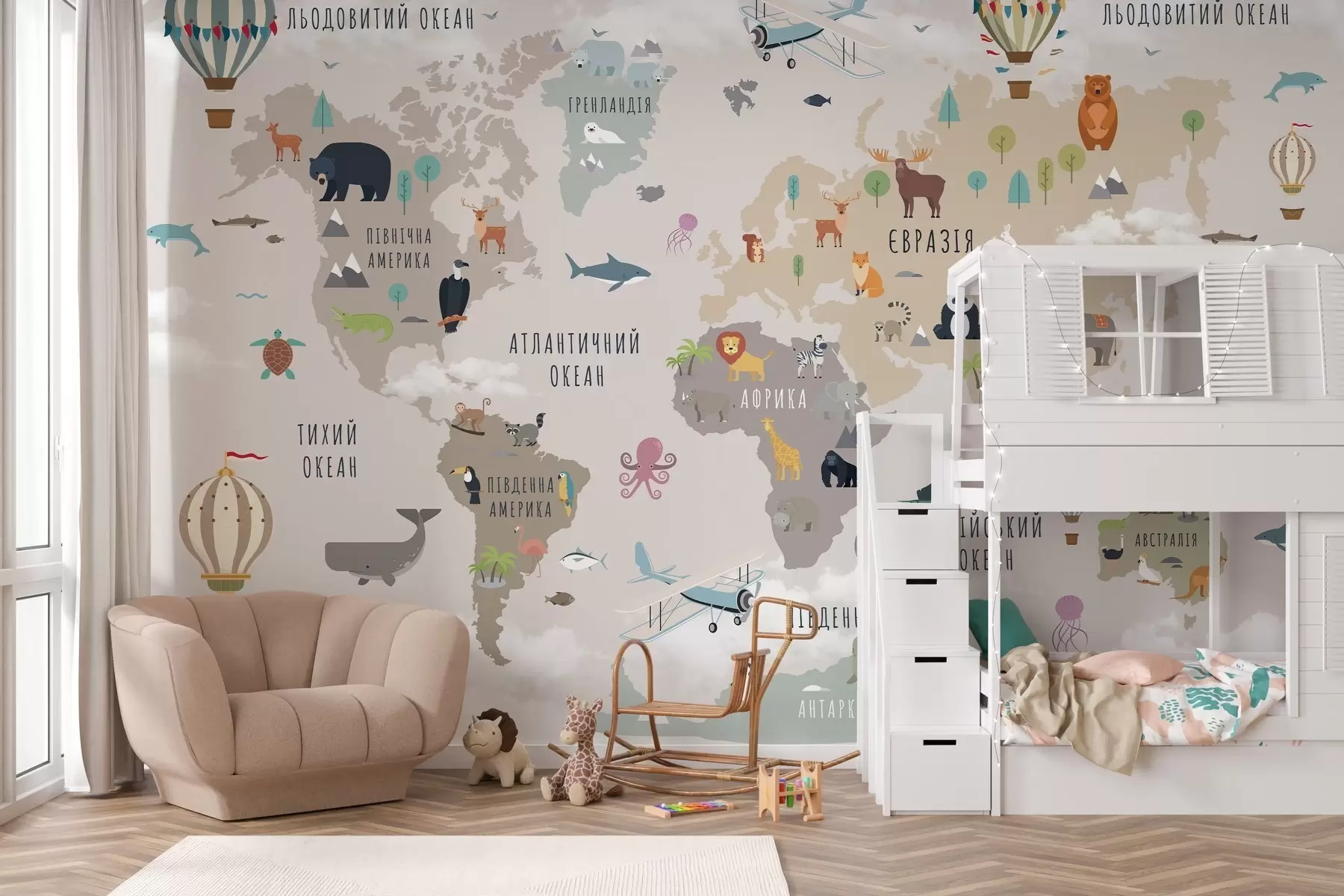 murais de parede Mapa-múndi para crianças com animais e balões de ar quente. Língua ucraniana c00002uk