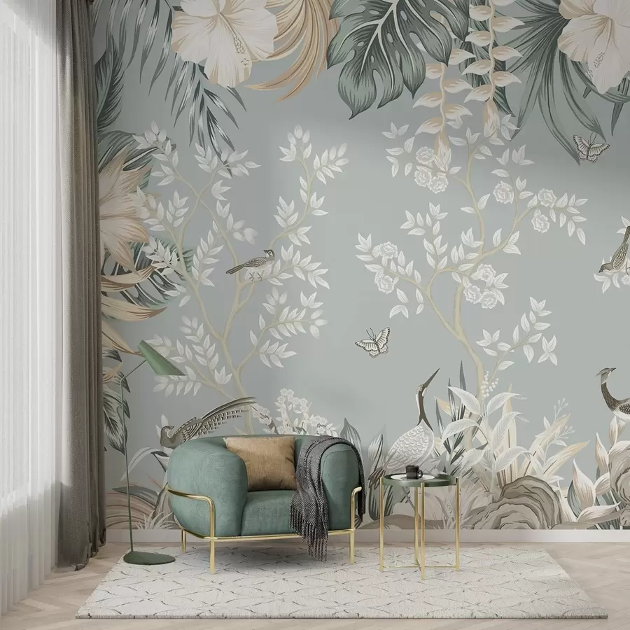 murais de parede Arte tropical em tons pastel com pássaros, borboletas, flores de hibisco, folhas de palmeira e árvores em um fundo azul claro. w09528