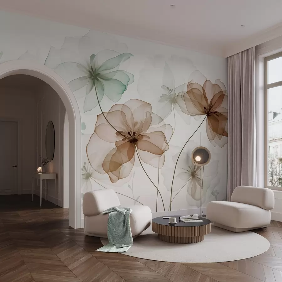 murais de parede Flores translúcidas com pétalas marrons e verdes, hastes longas, fundo claro, cores suaves, desenho floral texturizado w09529