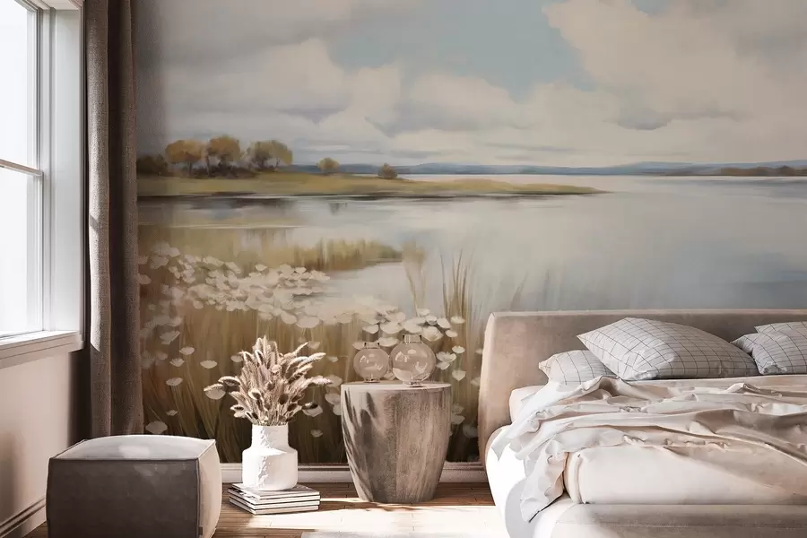 murais de parede Paisagem texturizada, campo de flores brancas e grama alta, um lago ao fundo, uma colina gramada com árvores, cores suaves w09530