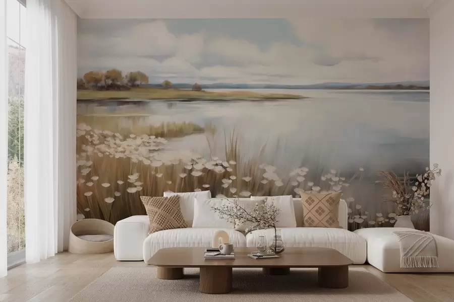 murais de parede Paisagem texturizada, campo de flores brancas e grama alta, um lago ao fundo, uma colina gramada com árvores, cores suaves w09530