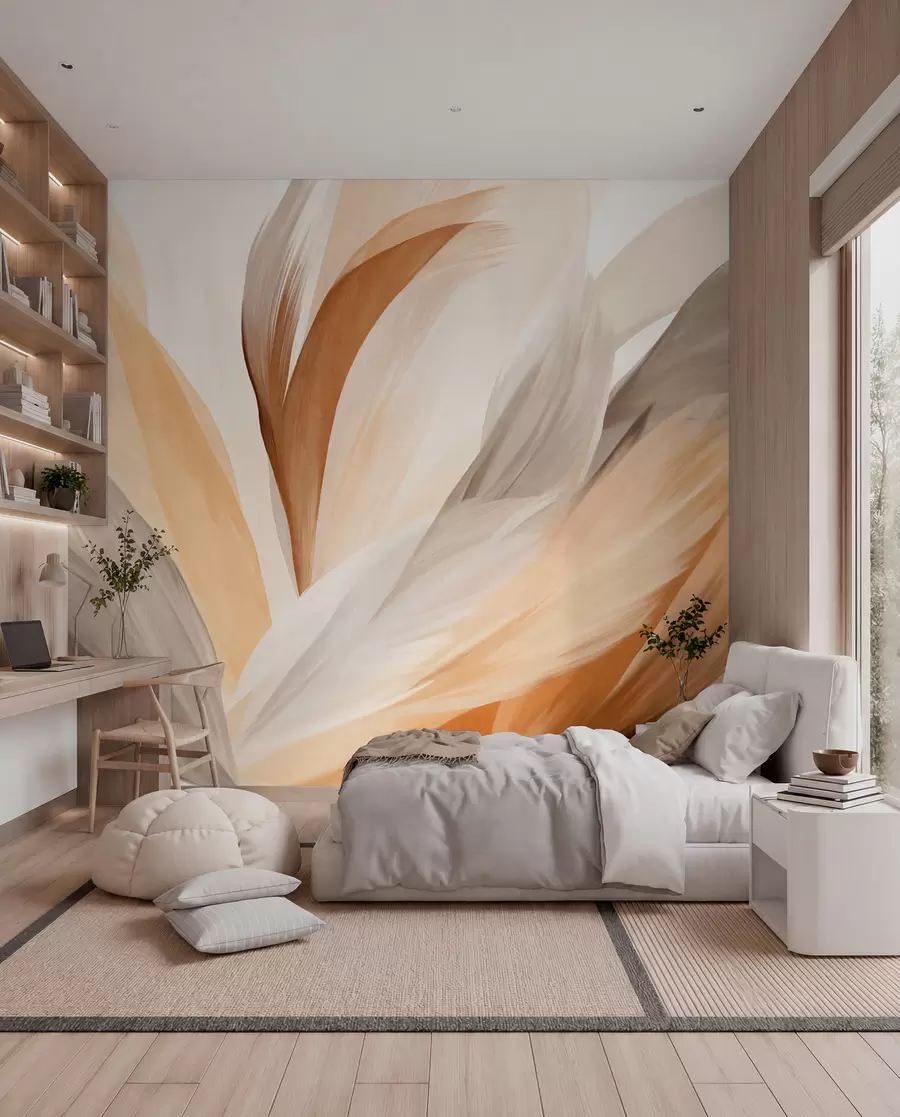 murais de parede Penas abstratas texturizadas em marrom, branco e cinza e vários tons, sobrepostas em um fundo branco w09531