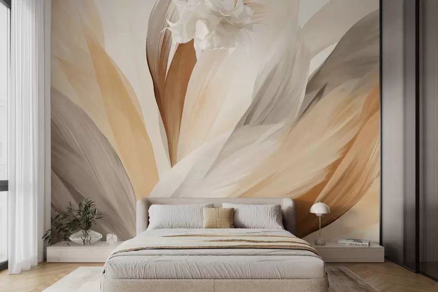 murais de parede Penas abstratas texturizadas em marrom, branco e cinza e vários tons, sobrepostas em um fundo branco w09531