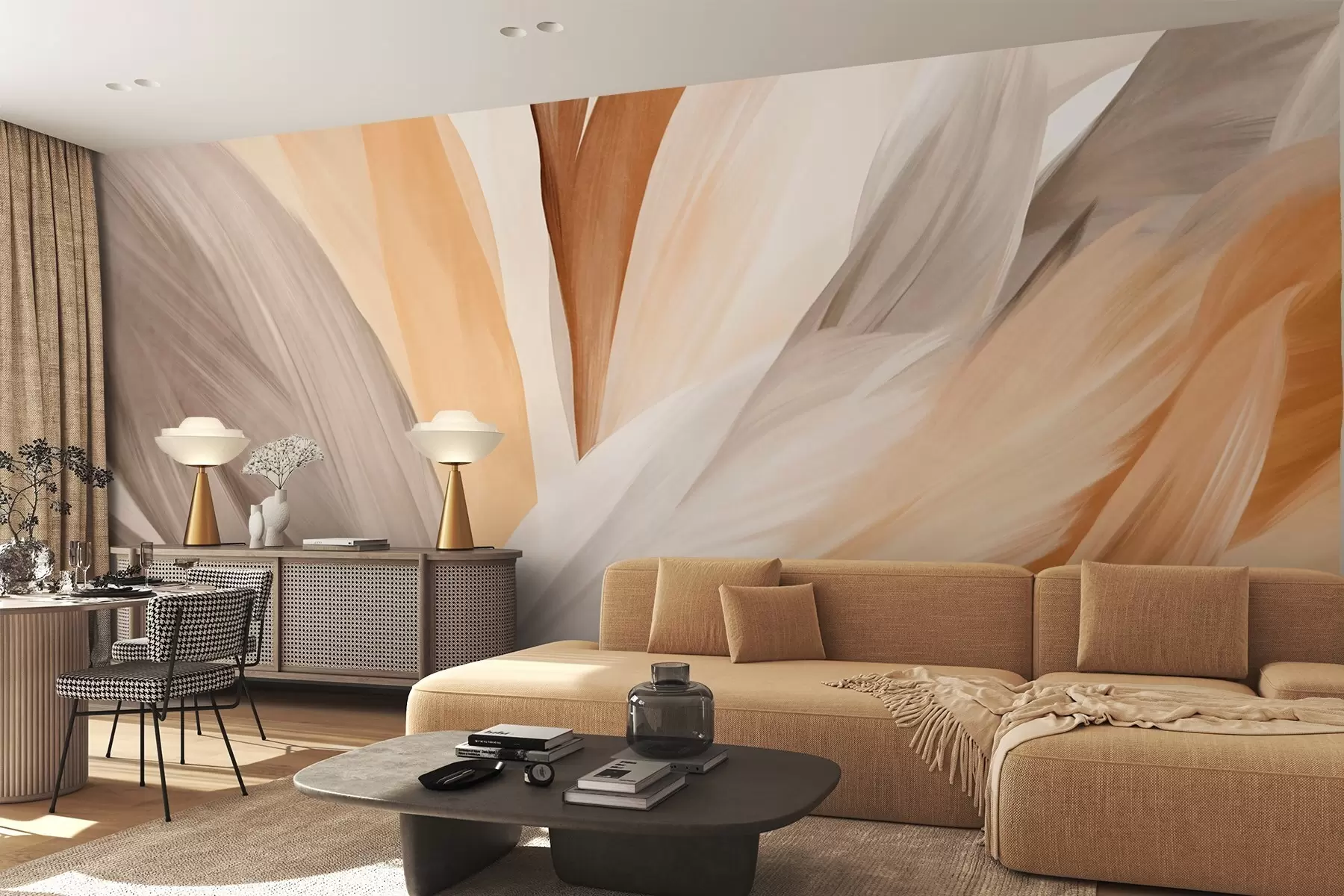 murais de parede Penas abstratas texturizadas em marrom, branco e cinza e vários tons, sobrepostas em um fundo branco w09531