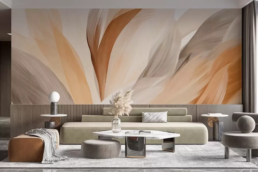 murais de parede Penas abstratas texturizadas em marrom, branco e cinza e vários tons, sobrepostas em um fundo branco w09531