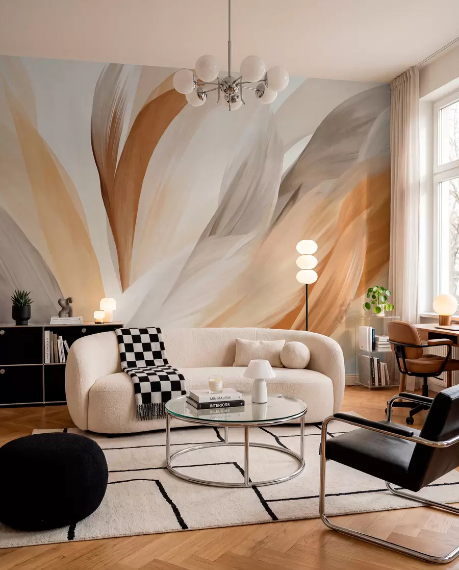 murais de parede Penas abstratas texturizadas em marrom, branco e cinza e vários tons, sobrepostas em um fundo branco w09531