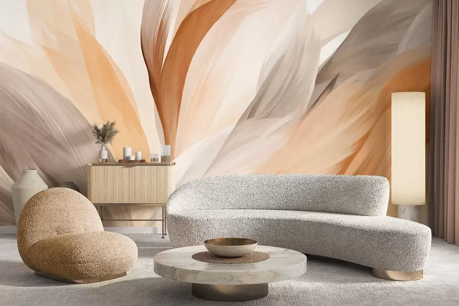 murais de parede Penas abstratas texturizadas em marrom, branco e cinza e vários tons, sobrepostas em um fundo branco w09531
