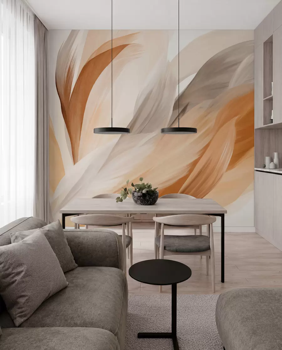 murais de parede Penas abstratas texturizadas em marrom, branco e cinza e vários tons, sobrepostas em um fundo branco w09531
