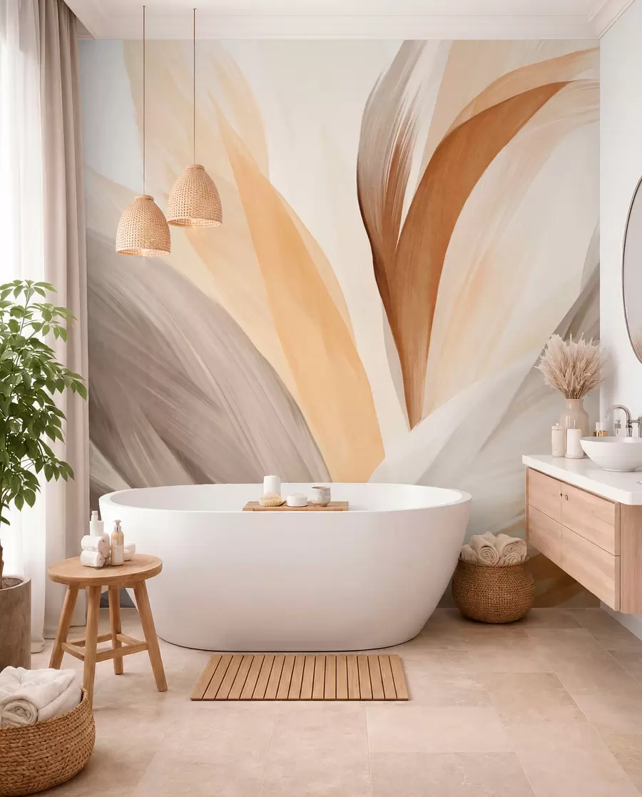 murais de parede Penas abstratas texturizadas em marrom, branco e cinza e vários tons, sobrepostas em um fundo branco w09531