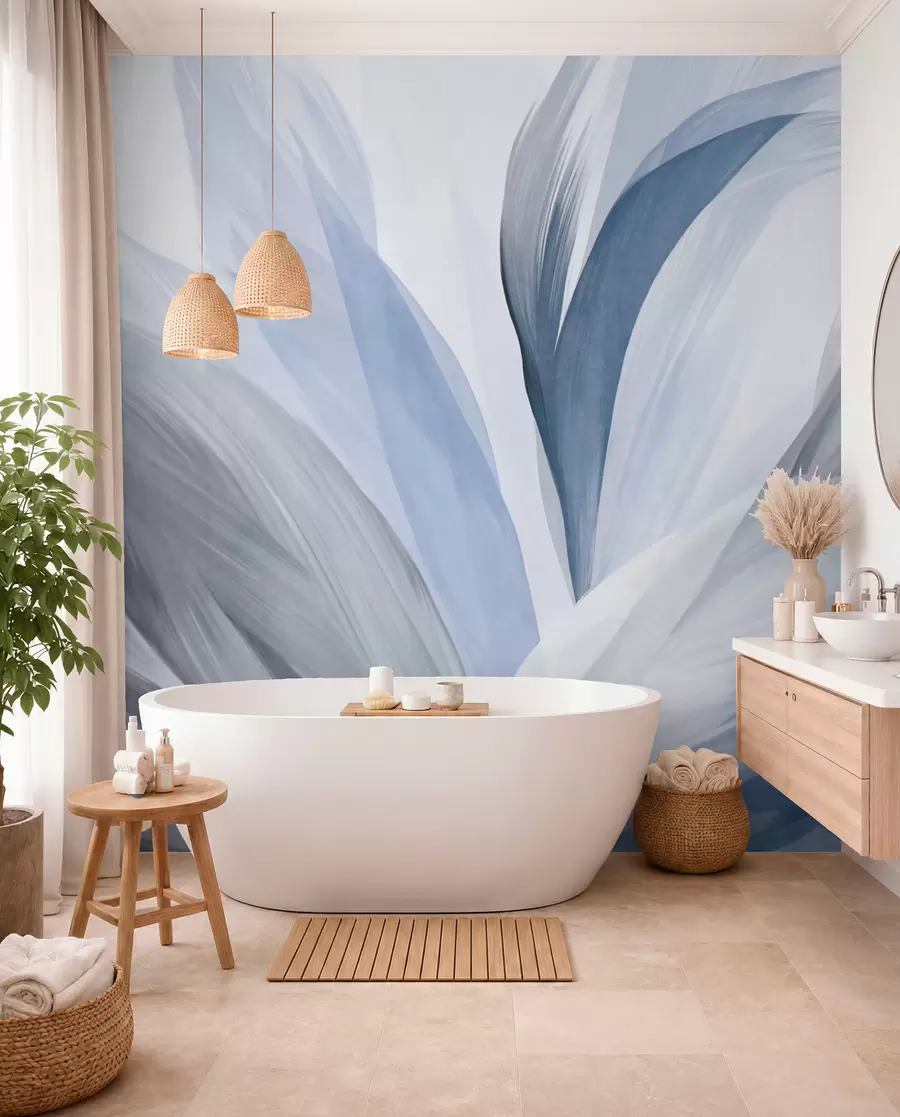 murais de parede Penas abstratas texturizadas em azul, branco e cinza e vários tons, sobrepostas em um fundo branco w09531v1