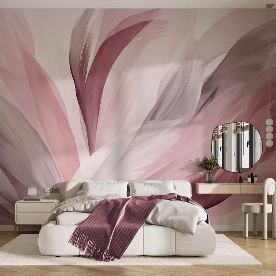 murais de parede Penas abstratas texturizadas em rosa, branco e cinza e vários tons, sobrepostas em um fundo branco w09531v2