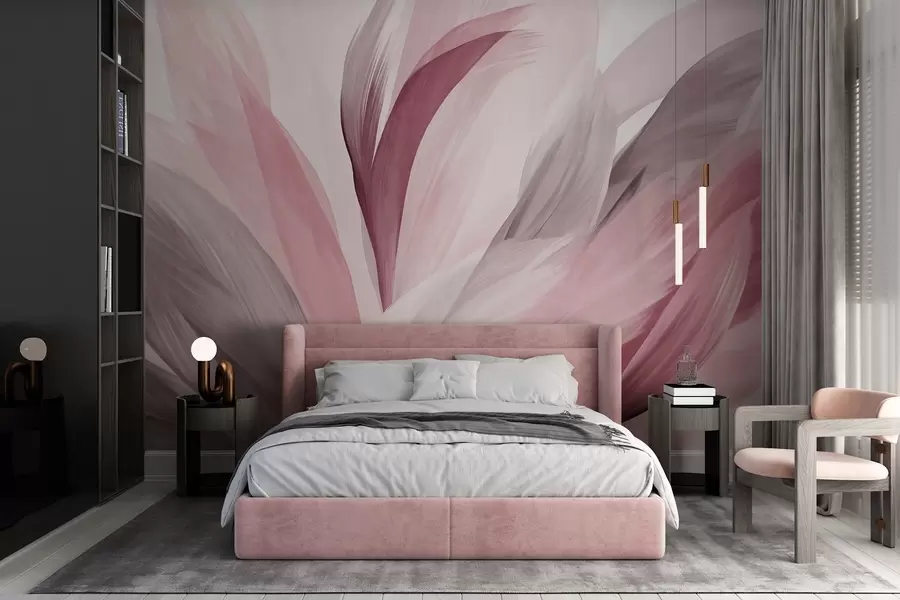 murais de parede Penas abstratas texturizadas em rosa, branco e cinza e vários tons, sobrepostas em um fundo branco w09531v2