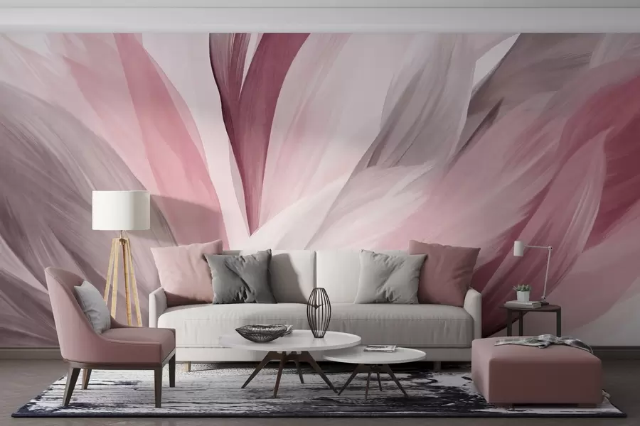 murais de parede Penas abstratas texturizadas em rosa, branco e cinza e vários tons, sobrepostas em um fundo branco w09531v2