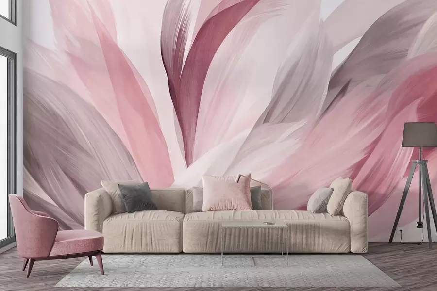 murais de parede Penas abstratas texturizadas em rosa, branco e cinza e vários tons, sobrepostas em um fundo branco w09531v2