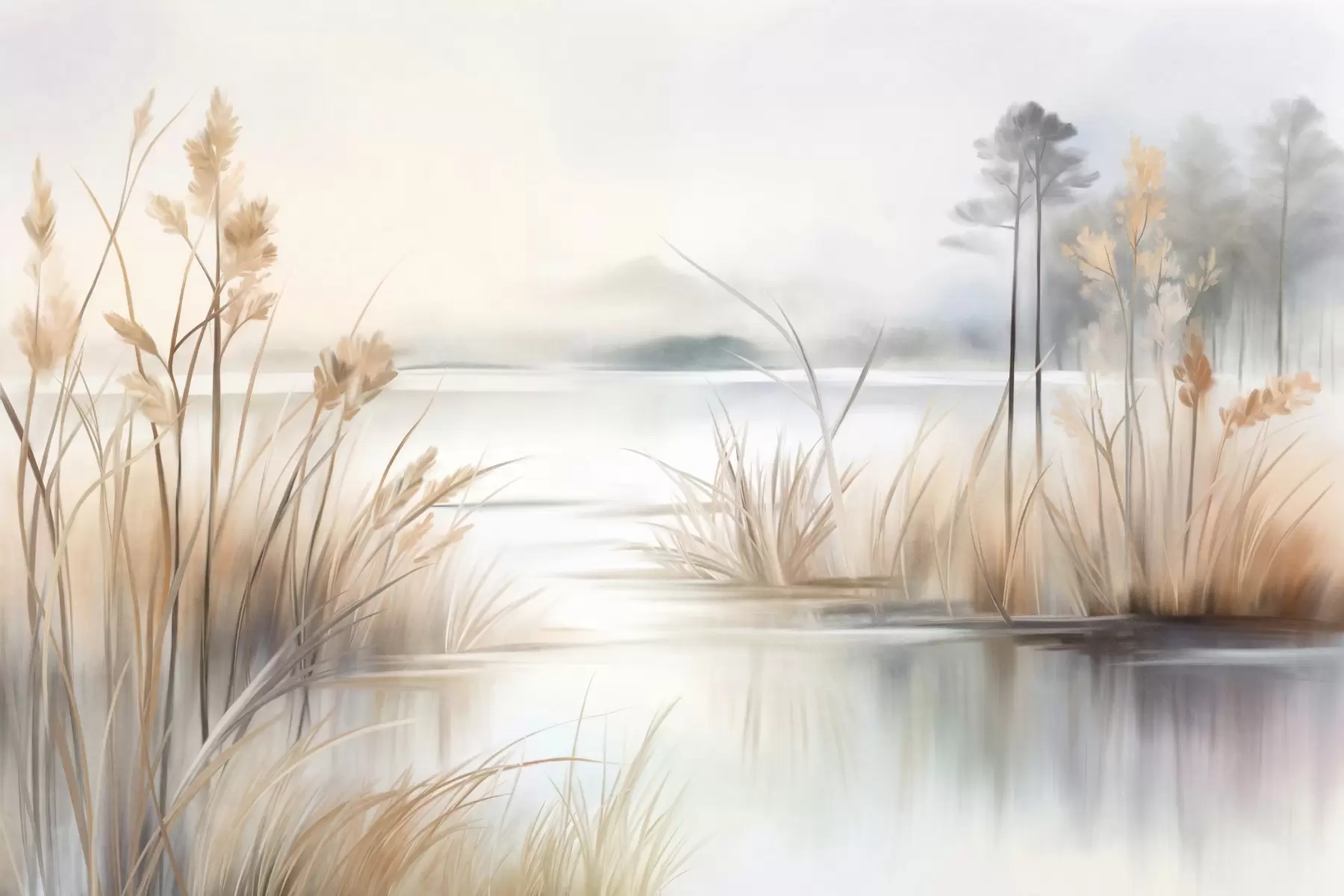 murais de parede Paisagem com um lago e grama alta em primeiro plano, montanhas ao fundo, cores suaves, textura w09534