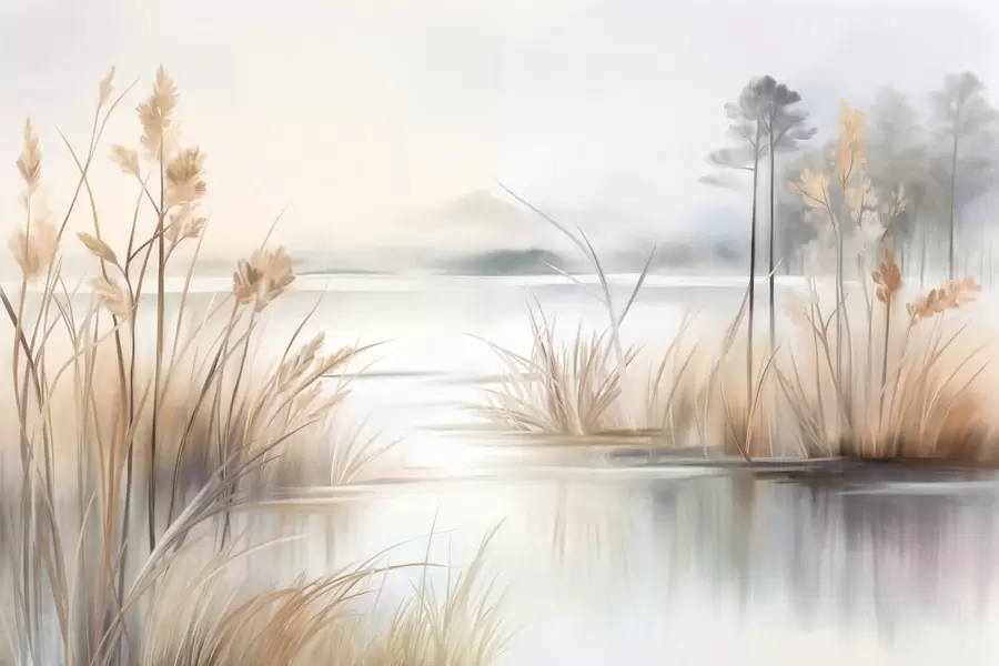 murais de parede Paisagem com um lago e grama alta em primeiro plano, montanhas ao fundo, cores suaves, textura w09534