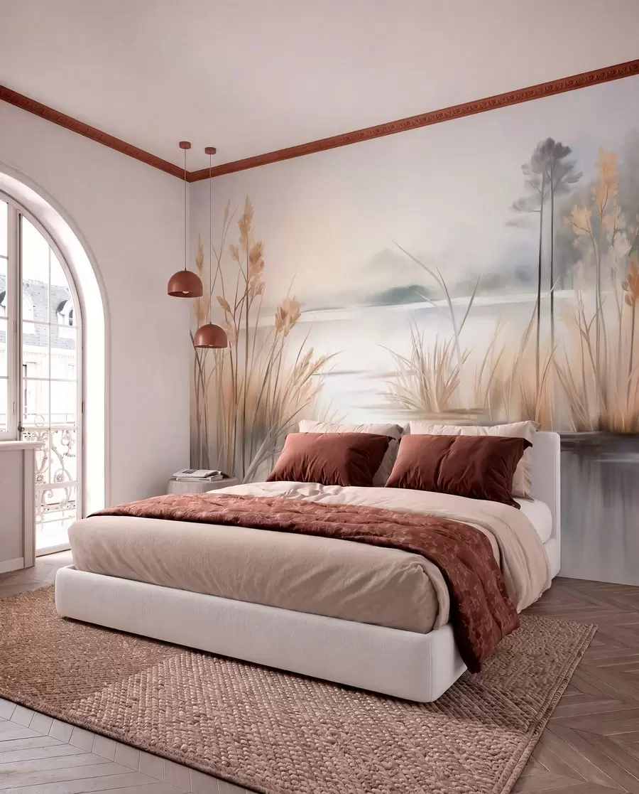 murais de parede Paisagem com um lago e grama alta em primeiro plano, montanhas ao fundo, cores suaves, textura w09534