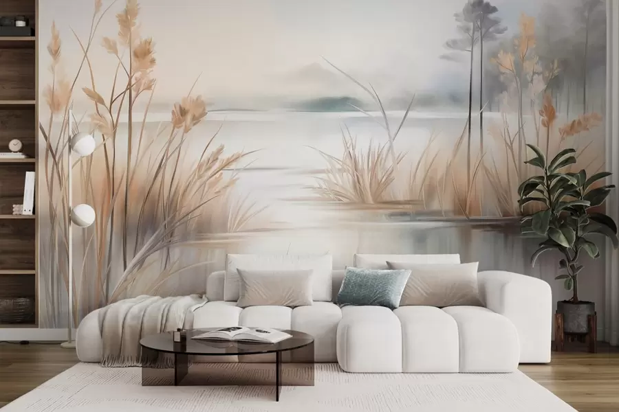 murais de parede Paisagem com um lago e grama alta em primeiro plano, montanhas ao fundo, cores suaves, textura w09534