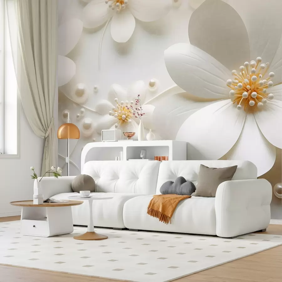 murais de parede Flores brancas com pérolas espalhadas sobre um fundo branco, design elegante e minimalista, texturizado w09535
