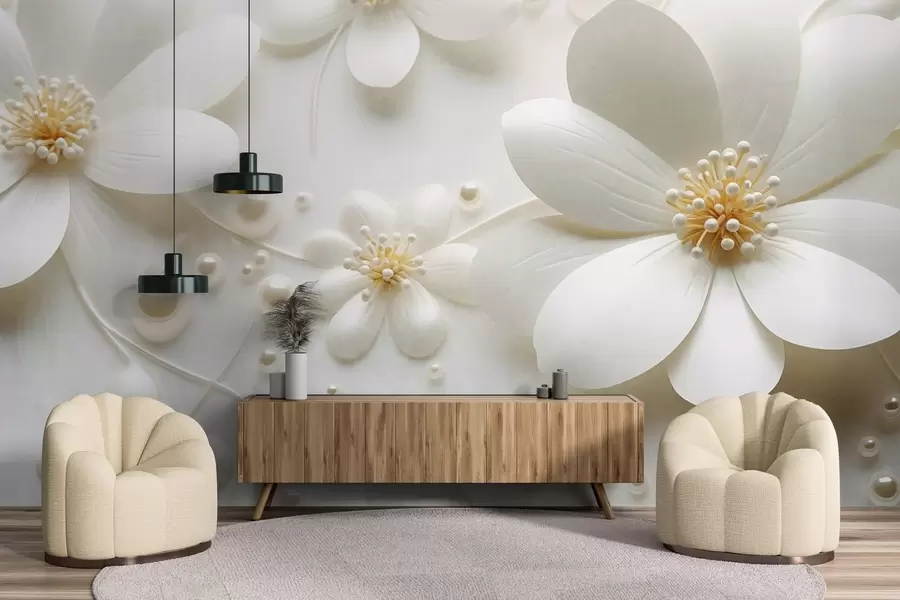murais de parede Flores brancas com pérolas espalhadas sobre um fundo branco, design elegante e minimalista, texturizado w09535