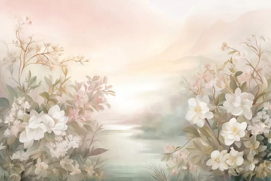 murais de parede Uma paisagem com um rio rodeado por flores e plantas, cores suaves, céu rosa, estilo texturizado em aquarela w09537