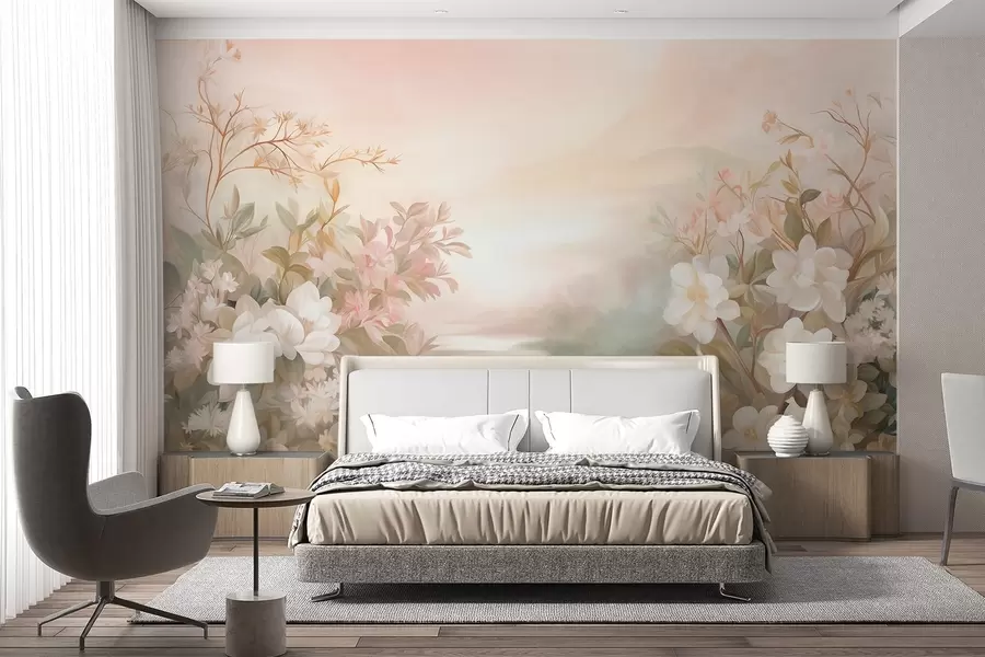 murais de parede Uma paisagem com um rio rodeado por flores e plantas, cores suaves, céu rosa, estilo texturizado em aquarela w09537