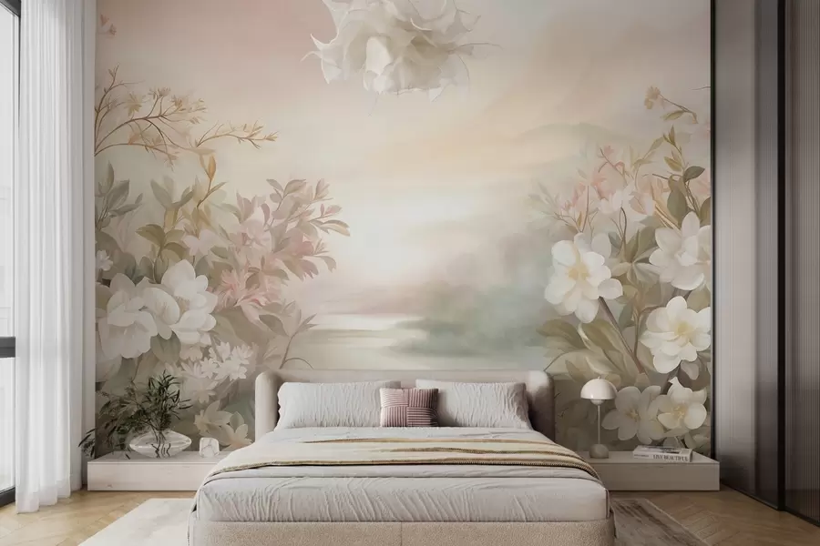 murais de parede Uma paisagem com um rio rodeado por flores e plantas, cores suaves, céu rosa, estilo texturizado em aquarela w09537
