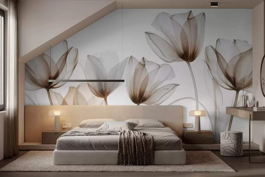murais de parede Flores de tulipa translúcidas em tons de marrom e branco com hastes longas, contra um fundo claro, arte floral delicada e texturizada w09538v1