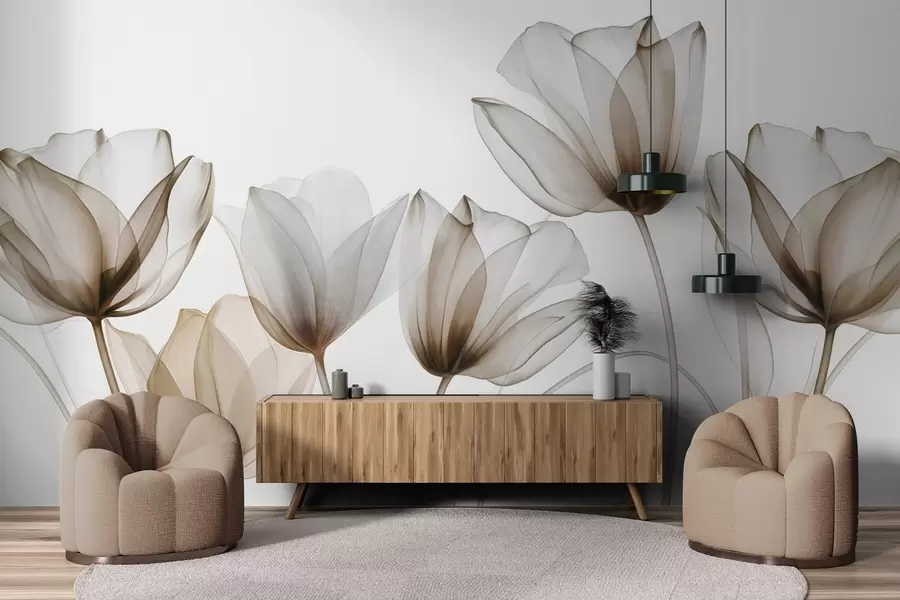 murais de parede Flores de tulipa translúcidas em tons de marrom e branco com hastes longas, contra um fundo claro, arte floral delicada e texturizada w09538v1