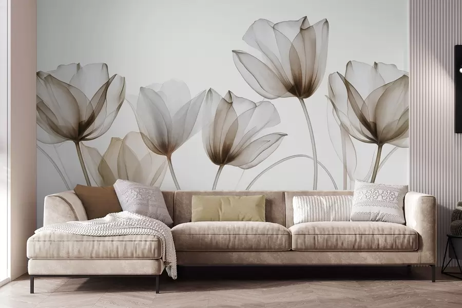 murais de parede Flores de tulipa translúcidas em tons de marrom e branco com hastes longas, contra um fundo claro, arte floral delicada e texturizada w09538v1