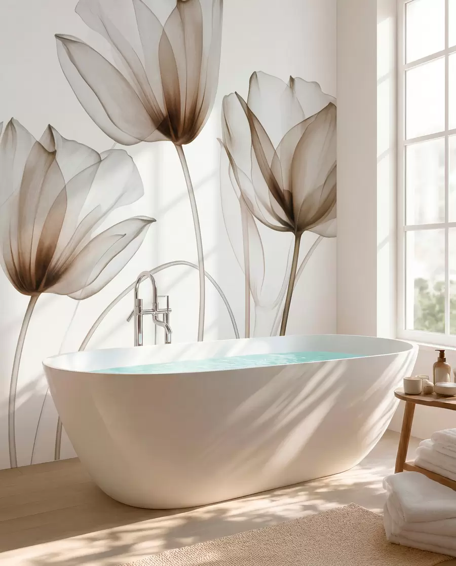 murais de parede Flores de tulipa translúcidas em tons de marrom e branco com hastes longas, contra um fundo claro, arte floral delicada e texturizada w09538v1