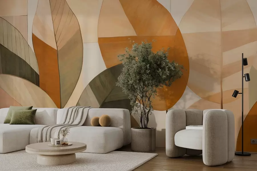 murais de parede Folhas abstratas grandes em tons de laranja, marrom e verde, texturizadas, dispostas contra um fundo claro w09539