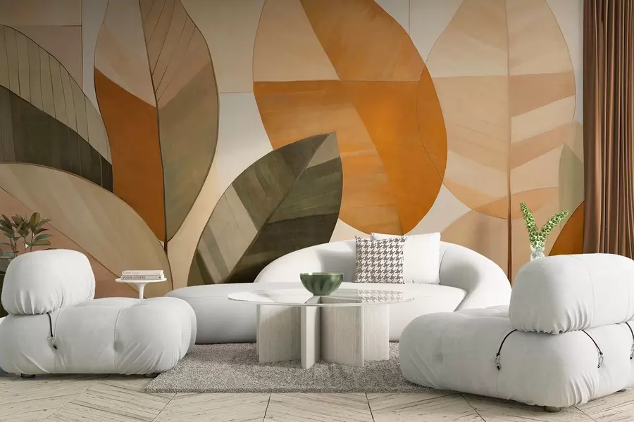 murais de parede Folhas abstratas grandes em tons de laranja, marrom e verde, texturizadas, dispostas contra um fundo claro w09539
