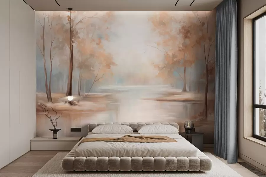 murais de parede Paisagem outonal texturizada com árvores e um rio, cores suaves, atmosfera leve e arejada, cena pacífica e tranquila w09541