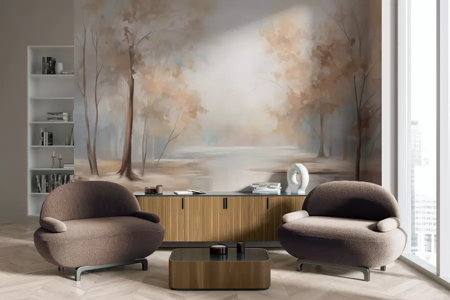 murais de parede Paisagem outonal texturizada com árvores e um rio, cores suaves, atmosfera leve e arejada, cena pacífica e tranquila w09541