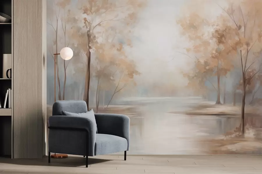 murais de parede Paisagem outonal texturizada com árvores e um rio, cores suaves, atmosfera leve e arejada, cena pacífica e tranquila w09541