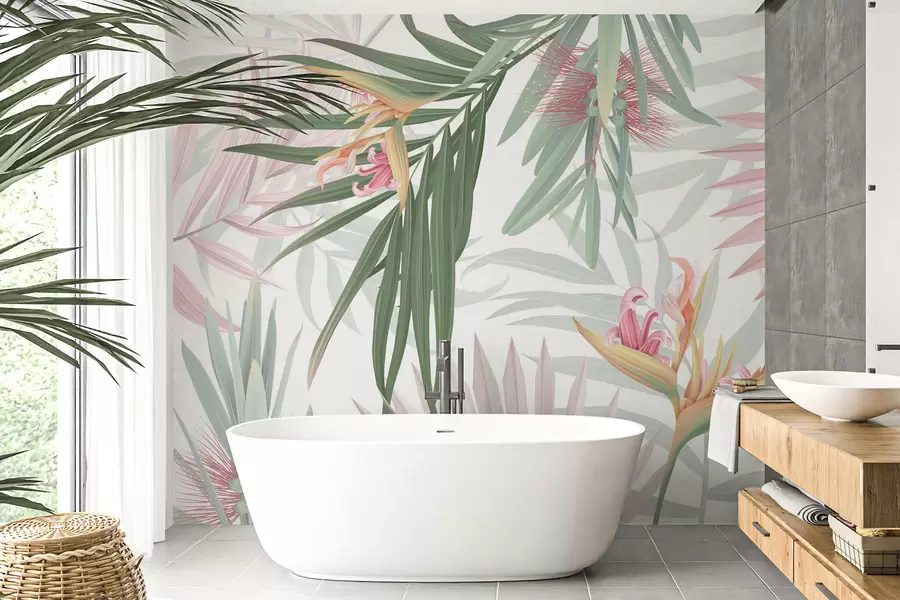 murais de parede Strelitzia em folhagem de palmeira w04896v2