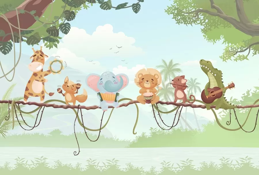 murais de parede Animais com instrumentos musicais em um cenário tropical w04505